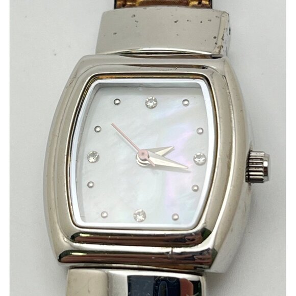 Mary Kay Vtg Watch MOP Dial Silver Tone Reversible Leather Band Black or Brown - Picture 3 of 8